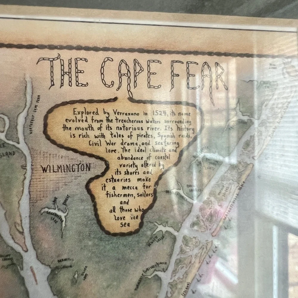 Small Vintage Cape Fear Wilmington Map Table Top Art Map with Wood Frame Decor